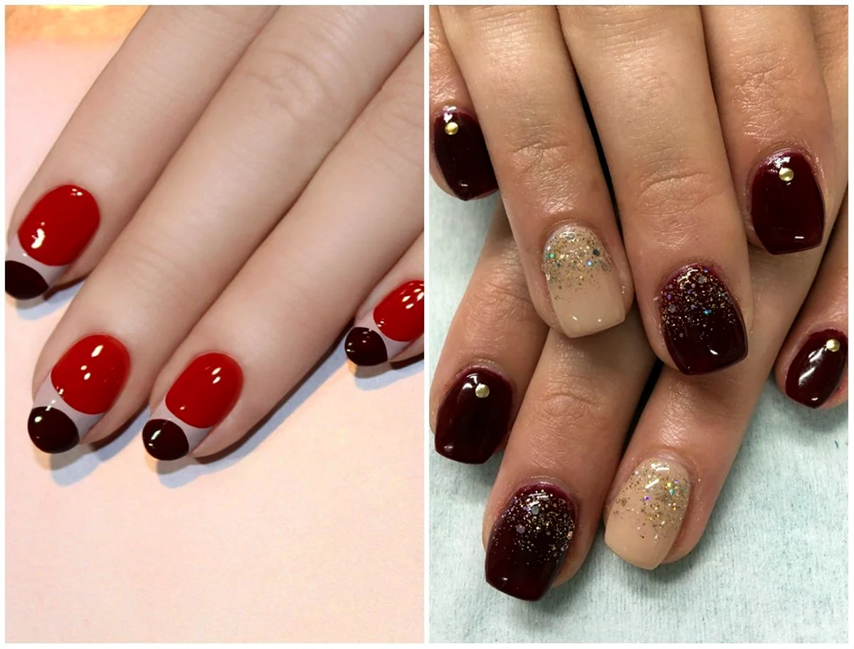 Красный маникюр с бежевым цветом