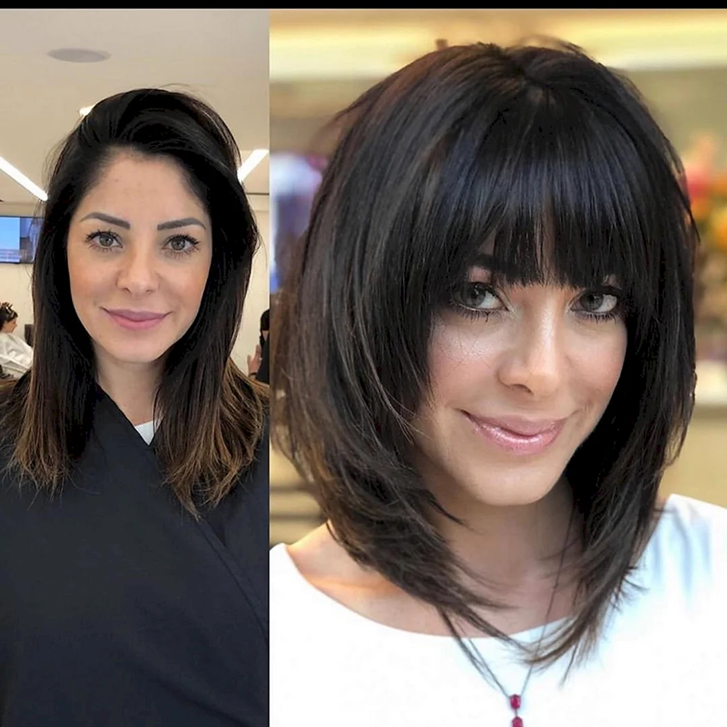 Стрижка каре-драбинки на середнє волосся з чубчиком 2021