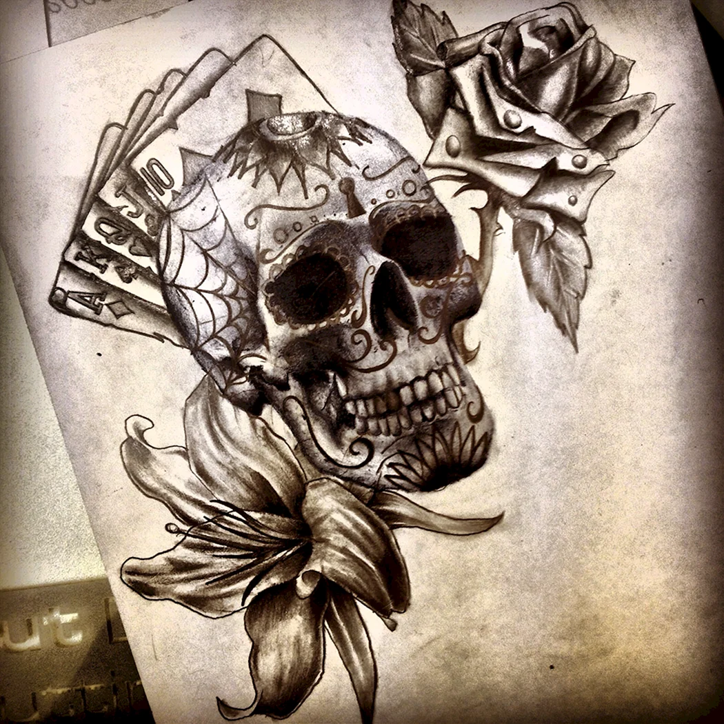 Череп з картами ескіз