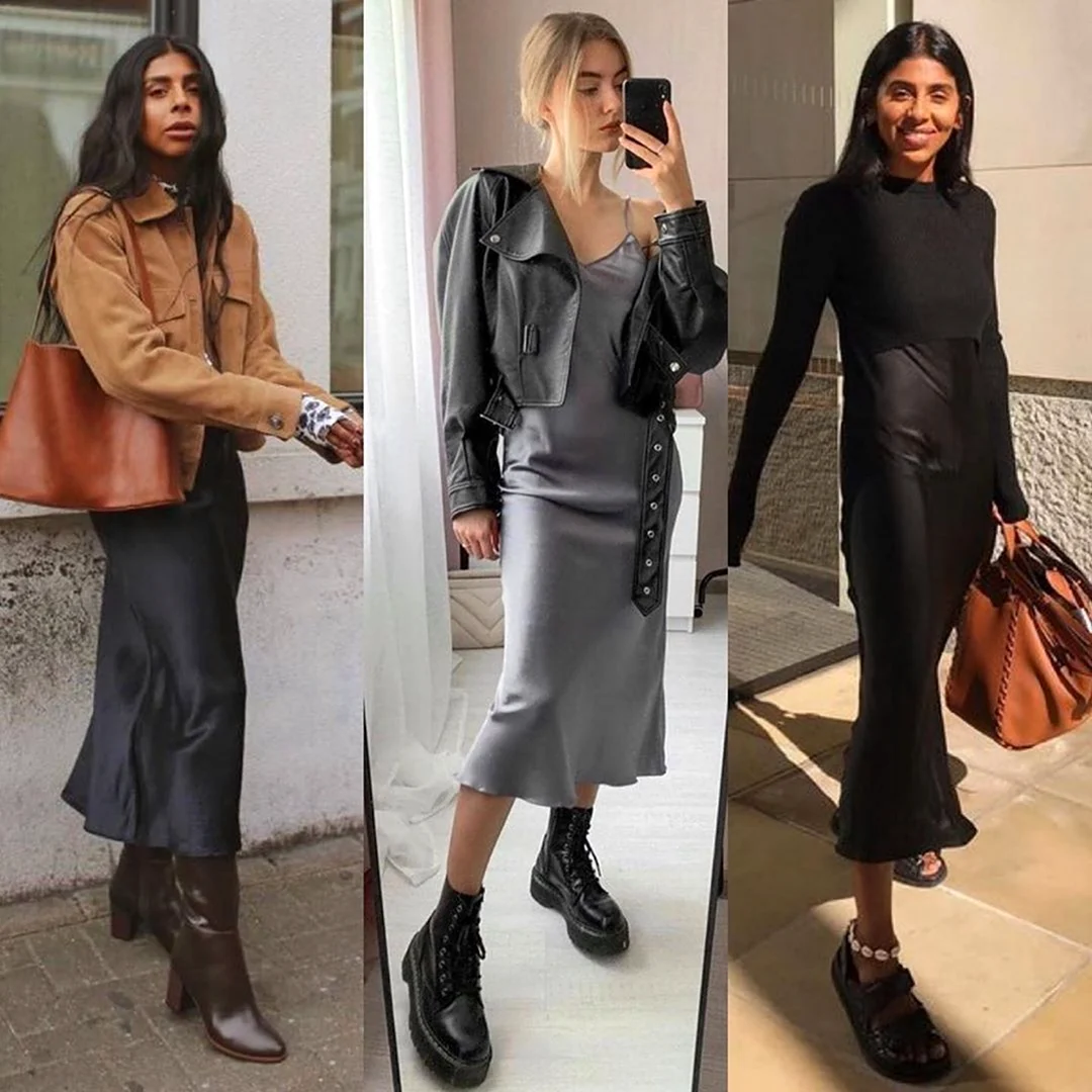 Платье в бельевом стиле с черными колготками