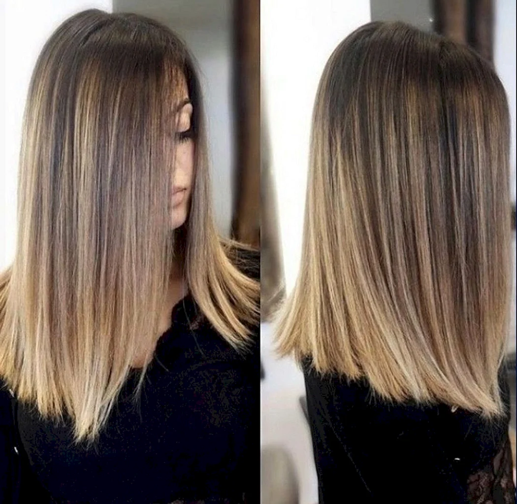 Балаяж фарбування на прямому волоссі середньої довжини