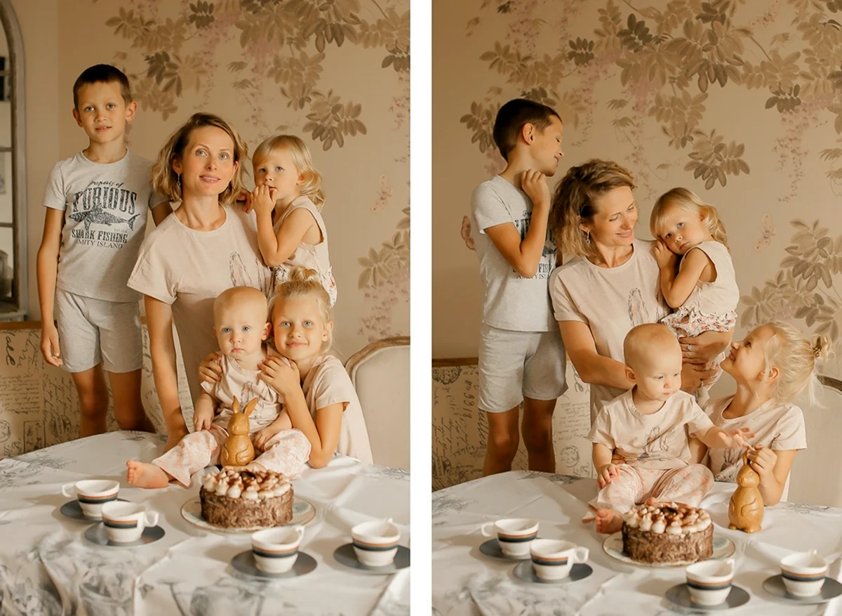 Семейная фотосессия на фоне белой кухни