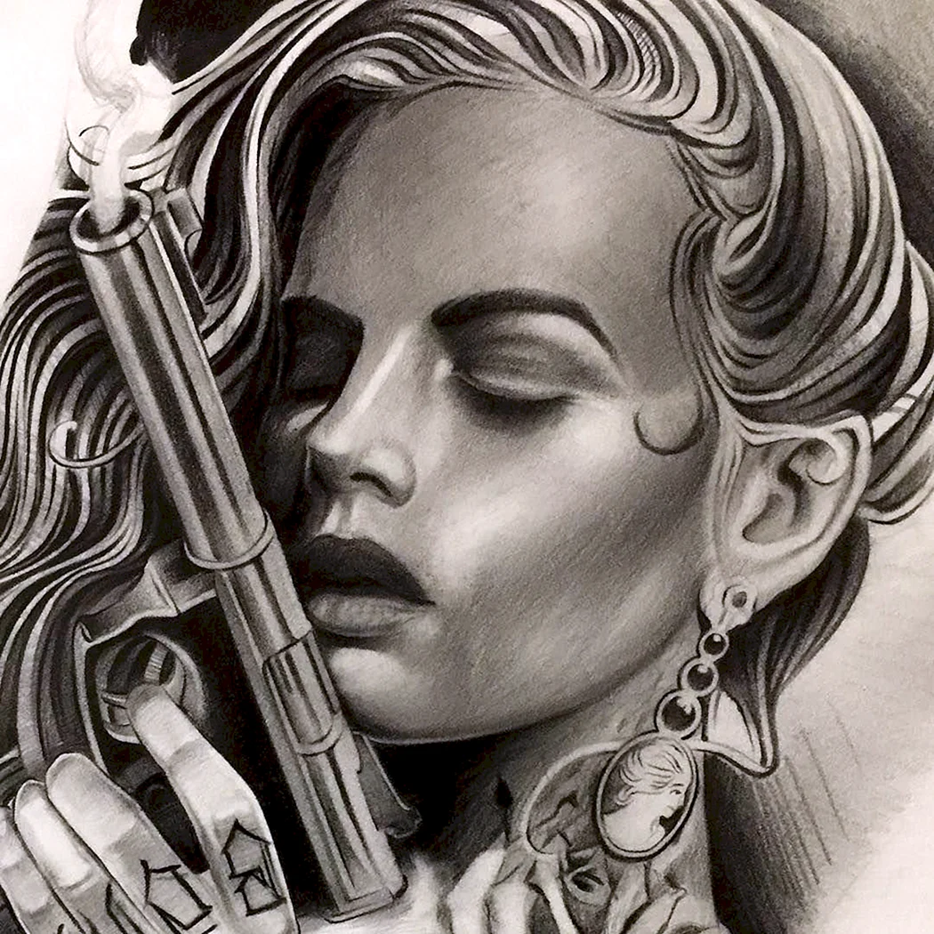 Эскиз тату Чикано девушка с пистолетом
