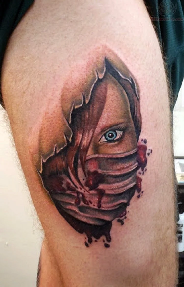 Тату рваная кожа на плече