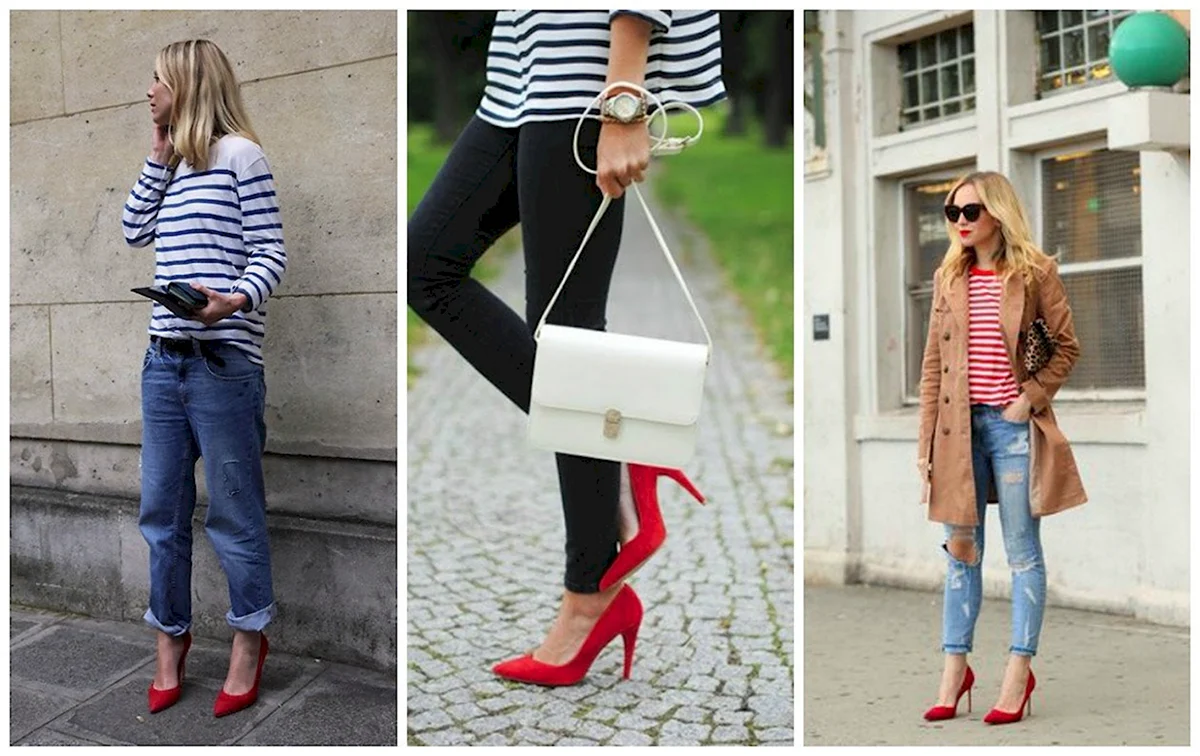 Джинсы и красные туфли на высоком каблуке