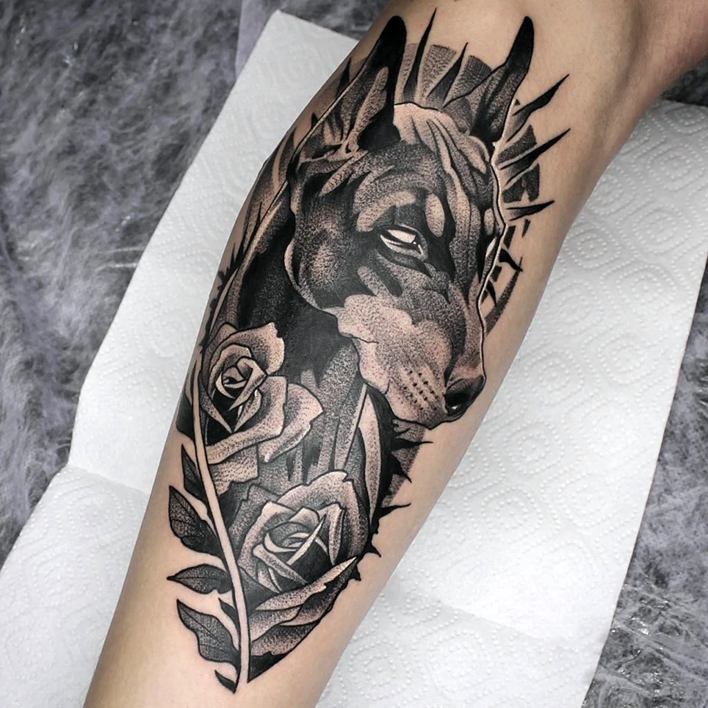 Тату эскиз Доберман для девушки на руку рукав