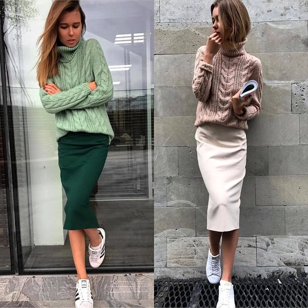 Юбка карандаш и объемный свитер