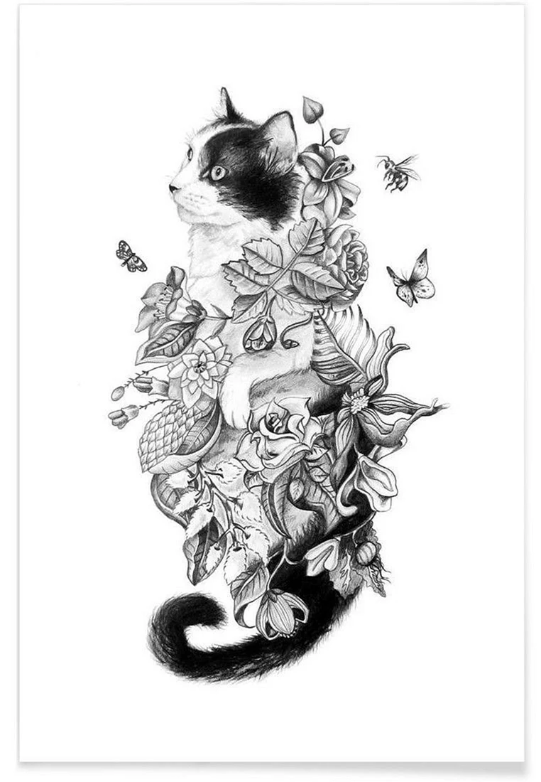 Тату кошка в цветах