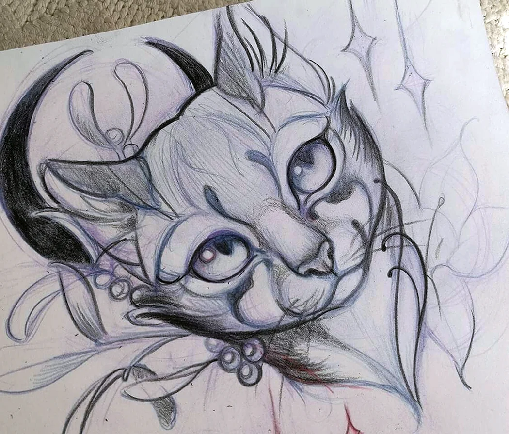 Кот тату карандашом