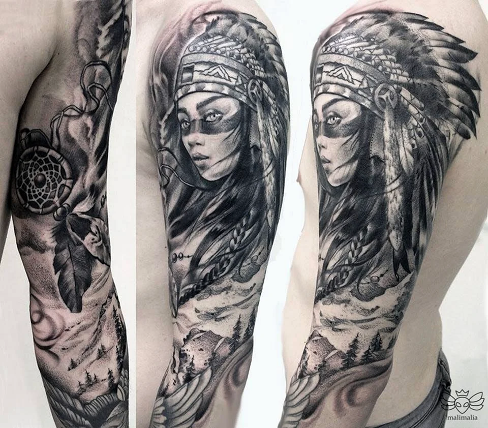 Тату рукав в индейском стиле