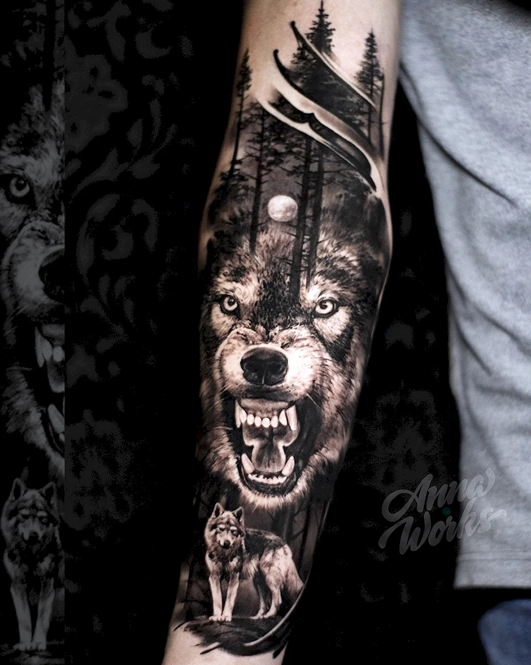 Тату полурукав волк