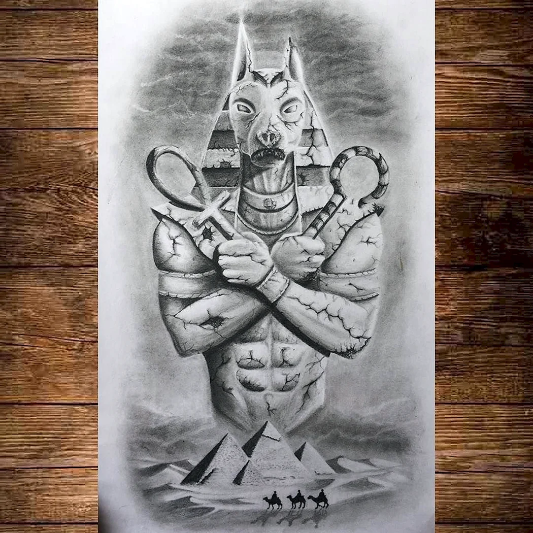 Тату Анубис с пирамидами эскиз