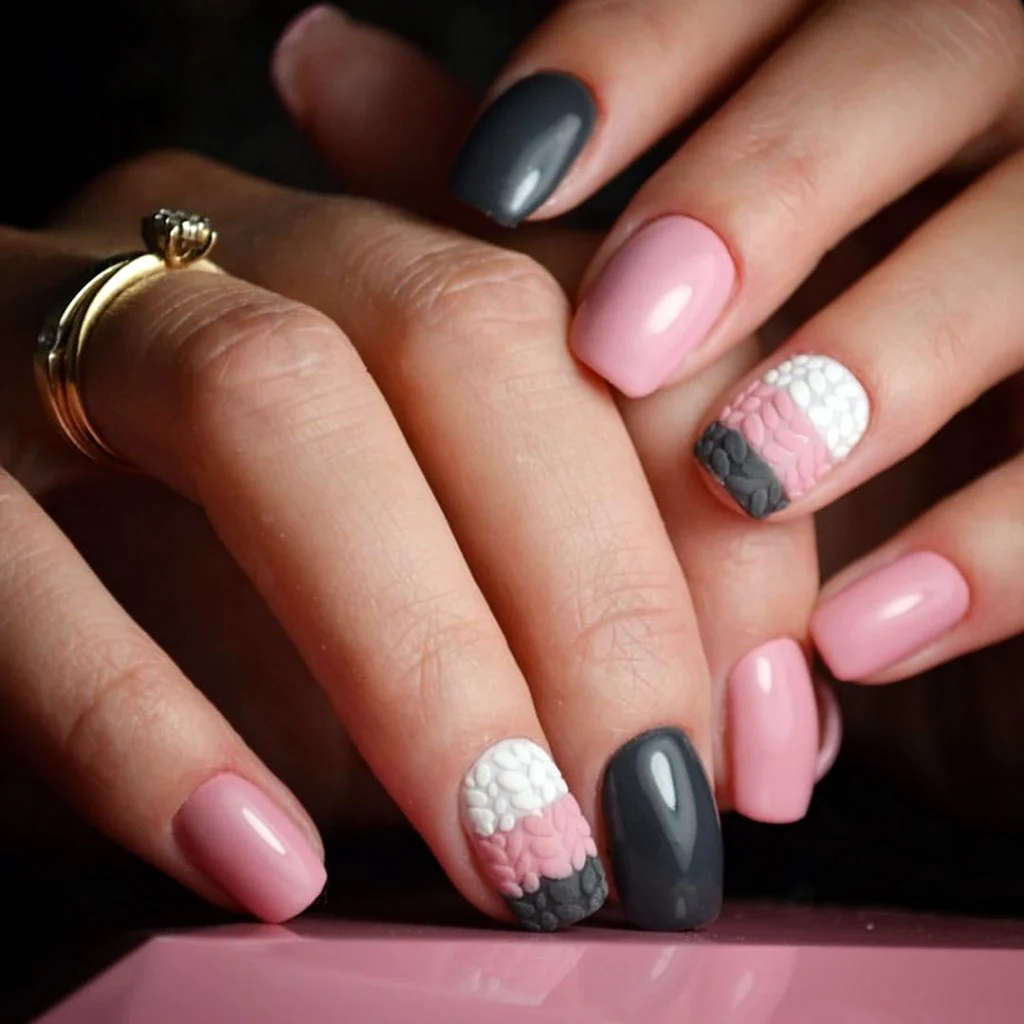 Вязаный маникюр серый с розовым