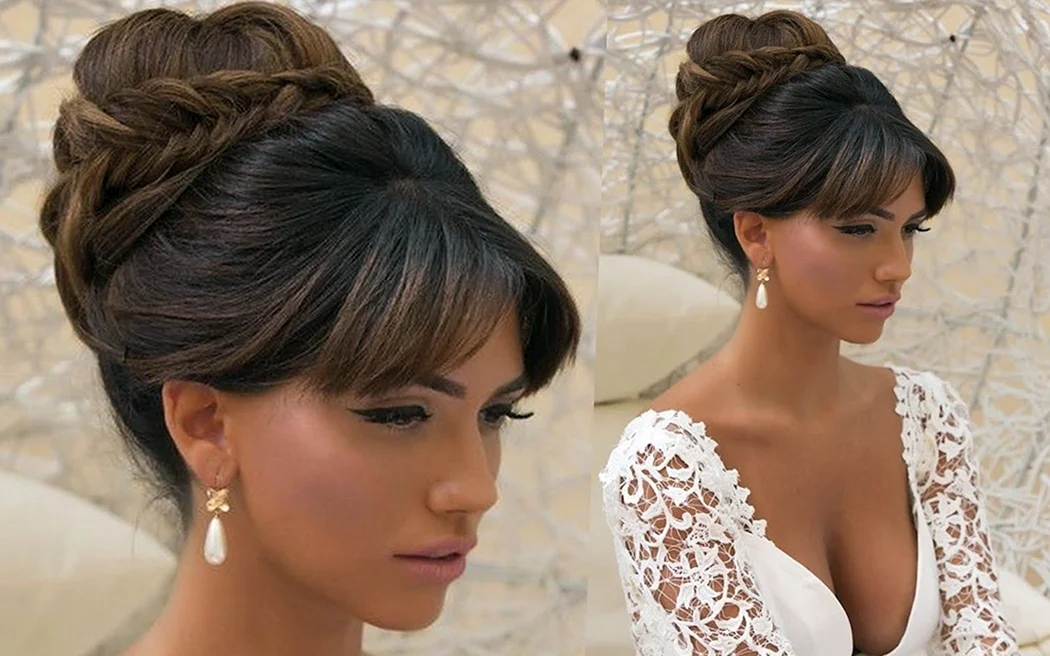 Вечерняя прическа на средние волосы с челкой