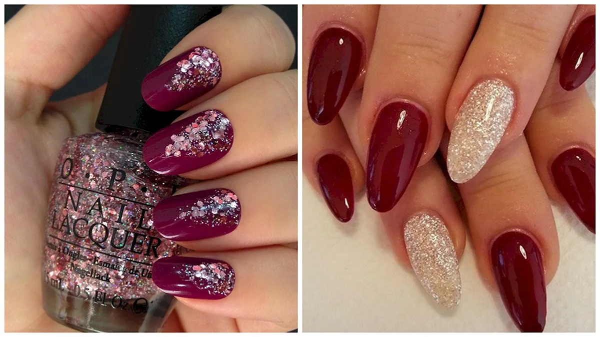 Бордовые ногти с блестками