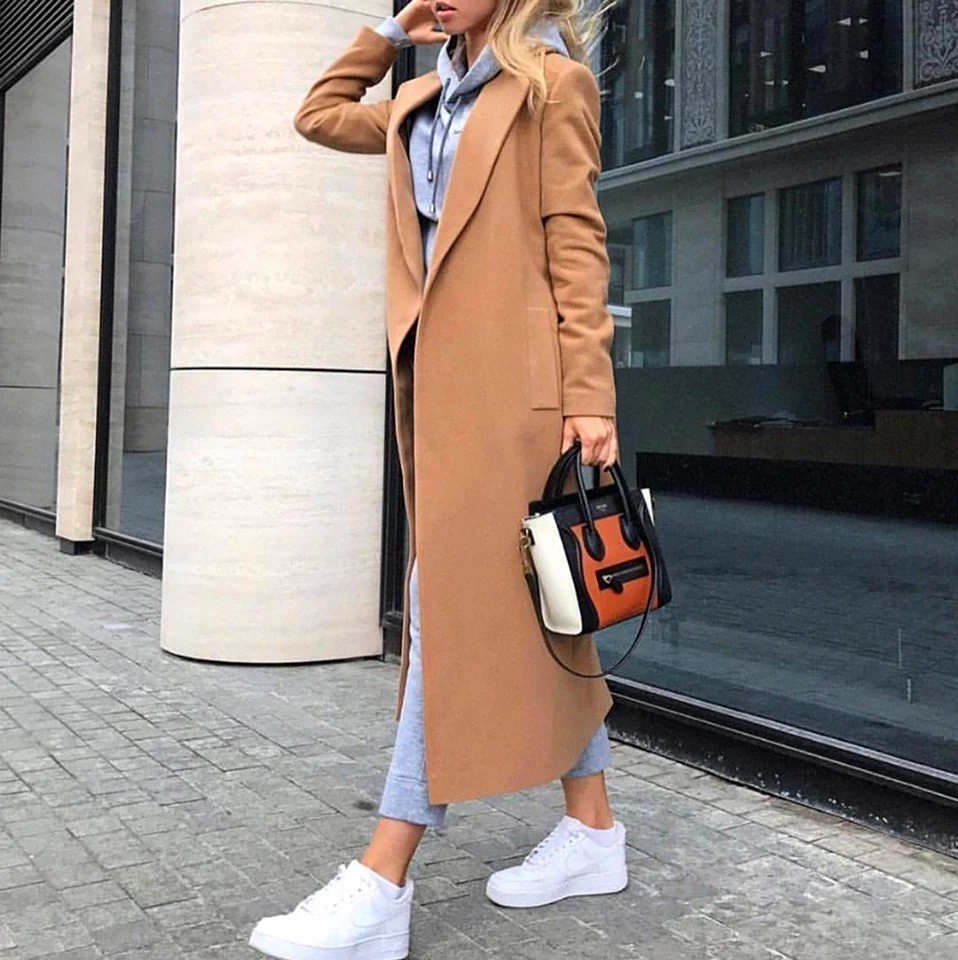 Пальто бежевое женское длинное