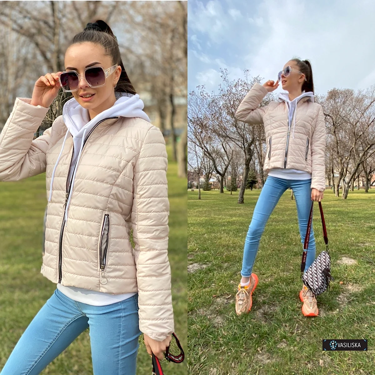 Бежевая куртка с тканевым капюшоном