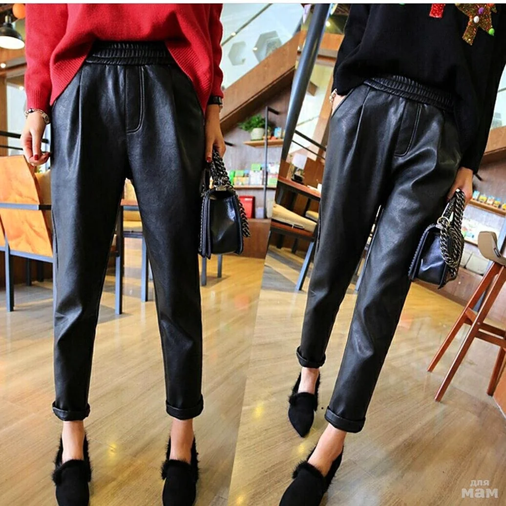 Широкие кожаные брюки женские