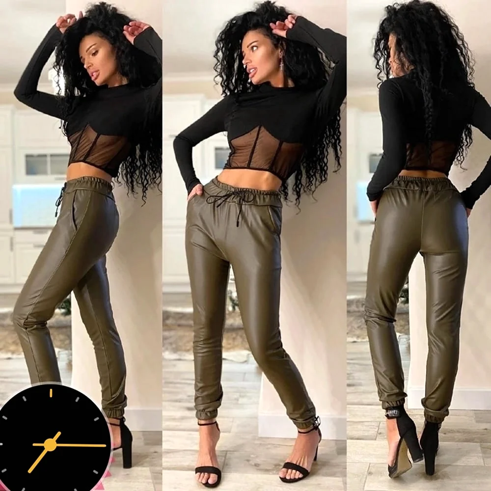 Кожаные брюки на флисе на резинке