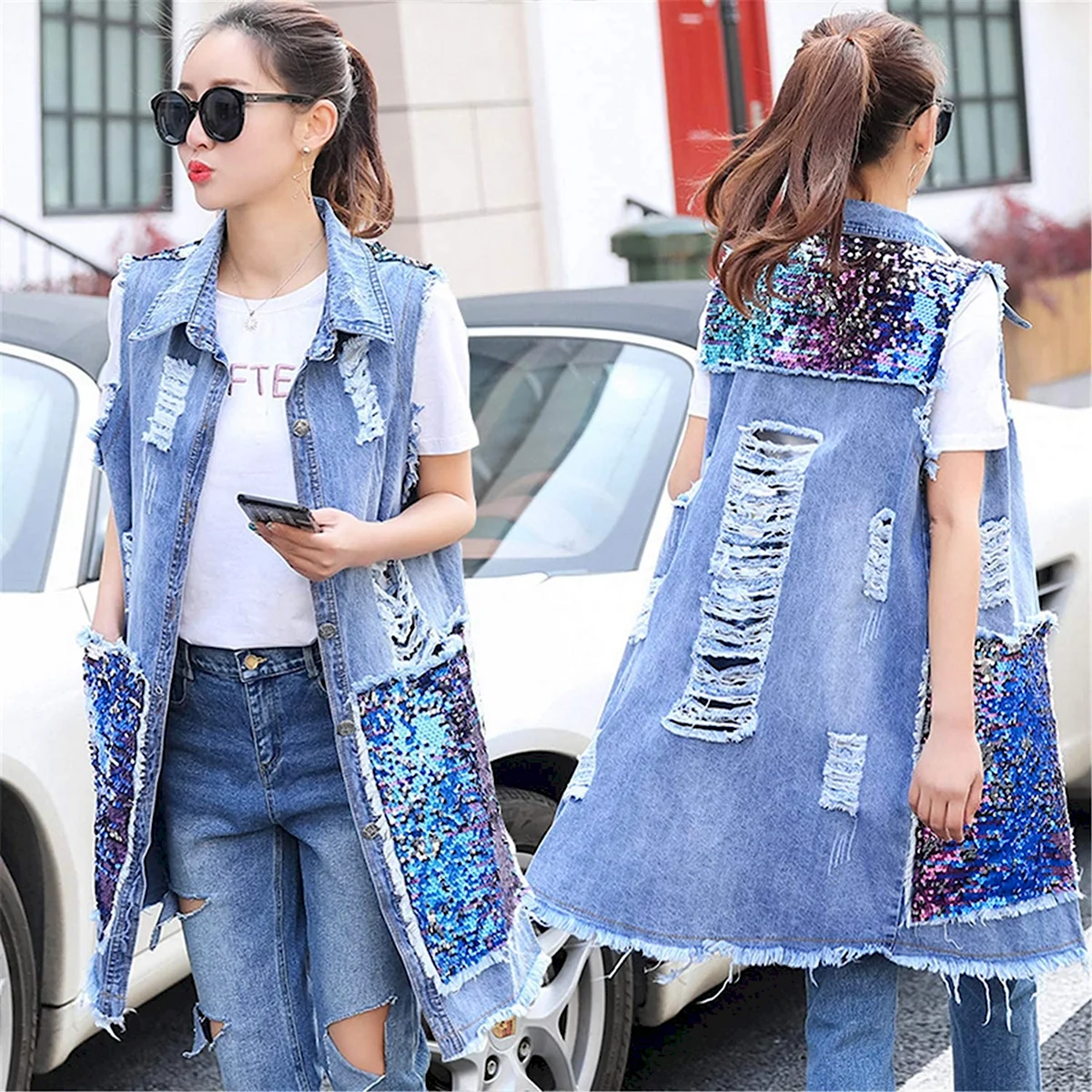 Джинсовый кардиган без рукавов