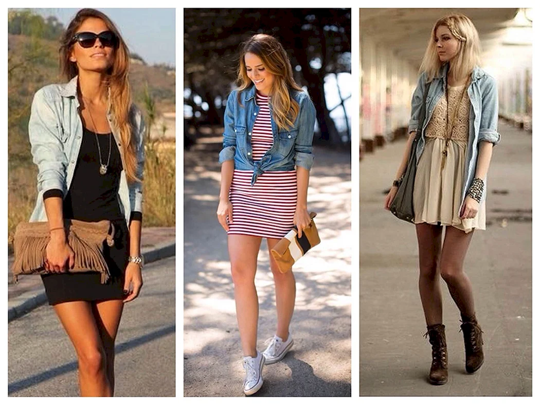 Джинсовая рубашка поверх платья