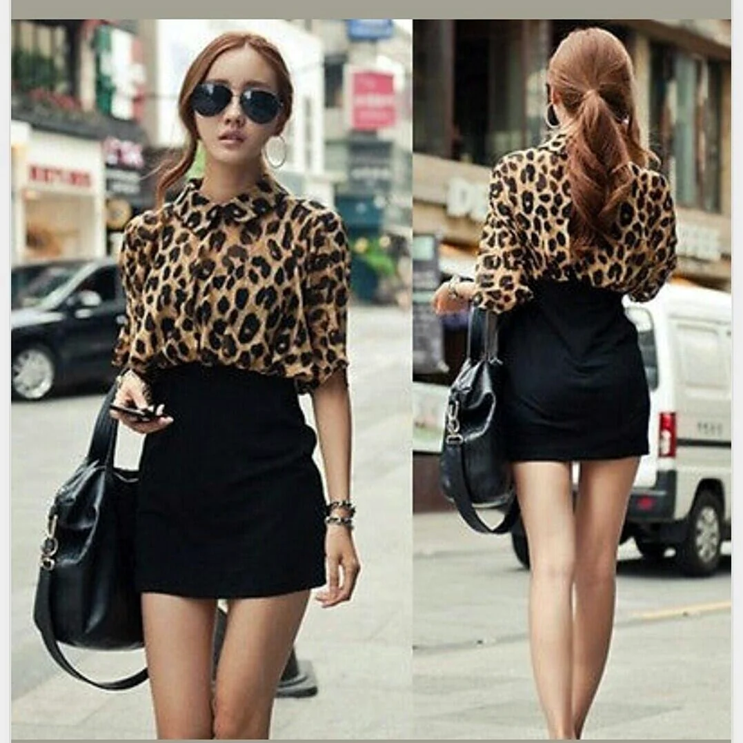 Леопардовая юбка с черной блузкой
