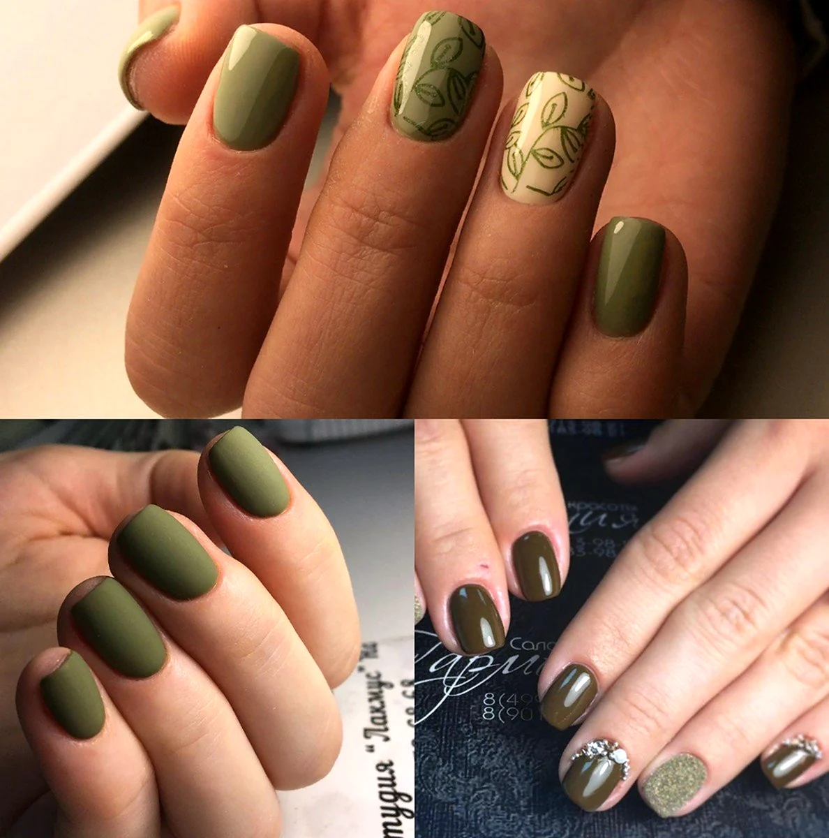Оливковый маникюр на коротких ногтях