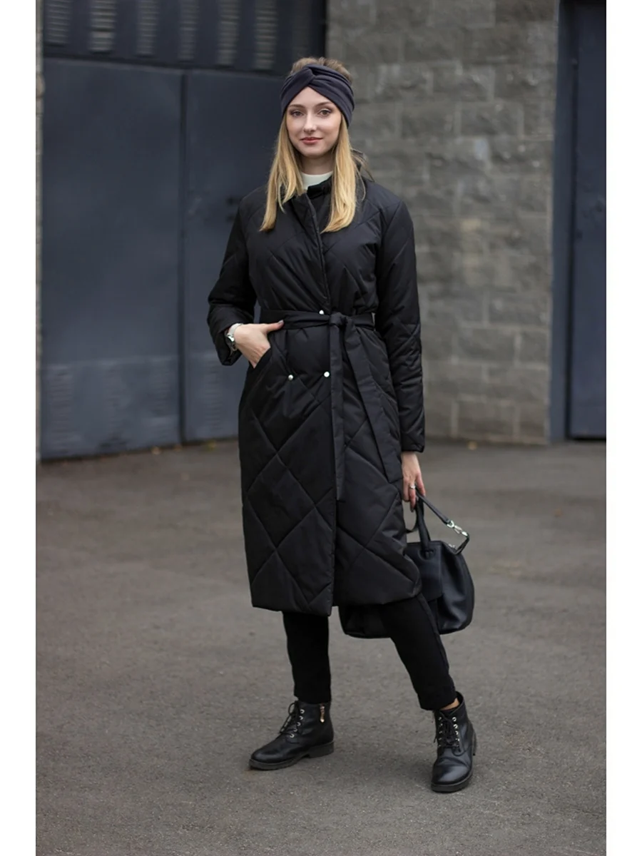 Стеганное черное пальто
