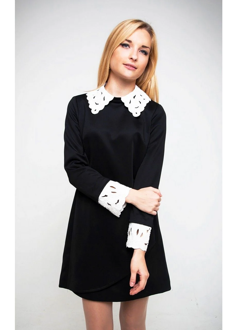 Черное платье с белым воротником и манжетами валдберис