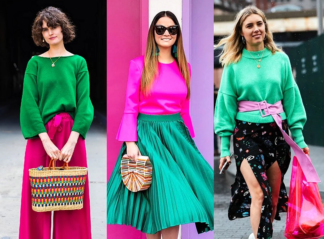 Сочетание зеленого и фуксии в одежде