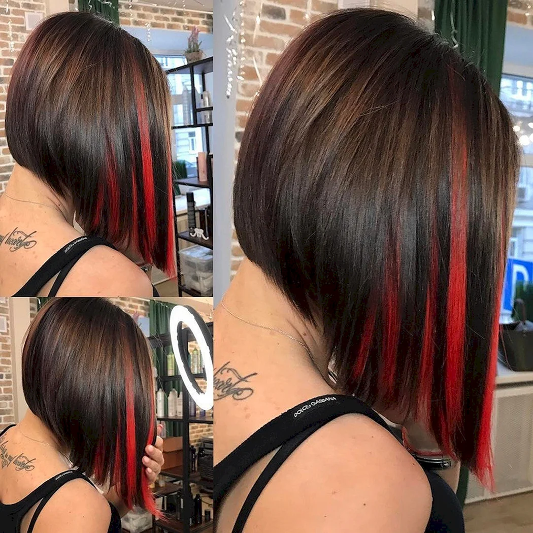 Удлиненное каре с красными прядями