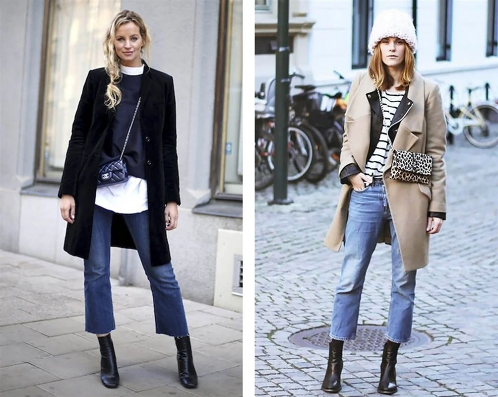 Короткие джинсы клеш с ботинками