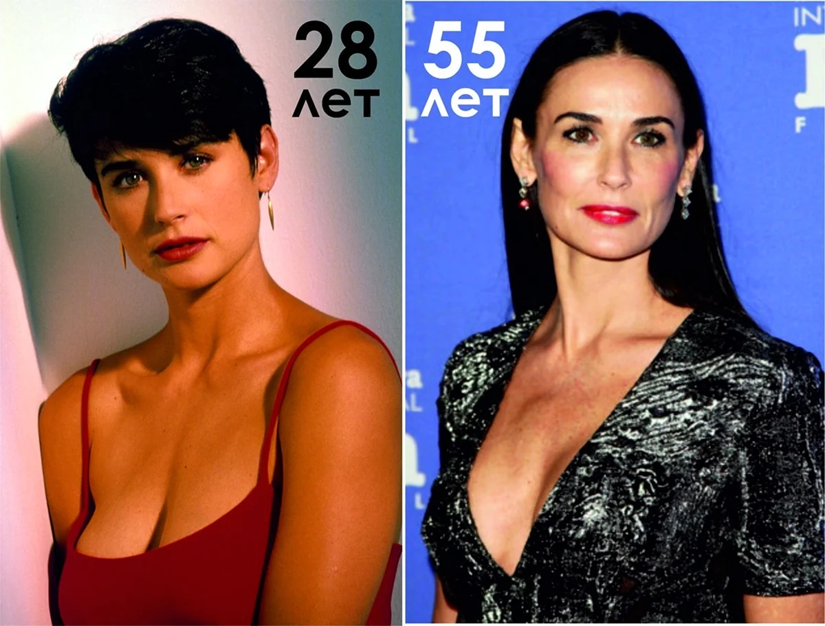 Деми Мур в молодости и сейчас