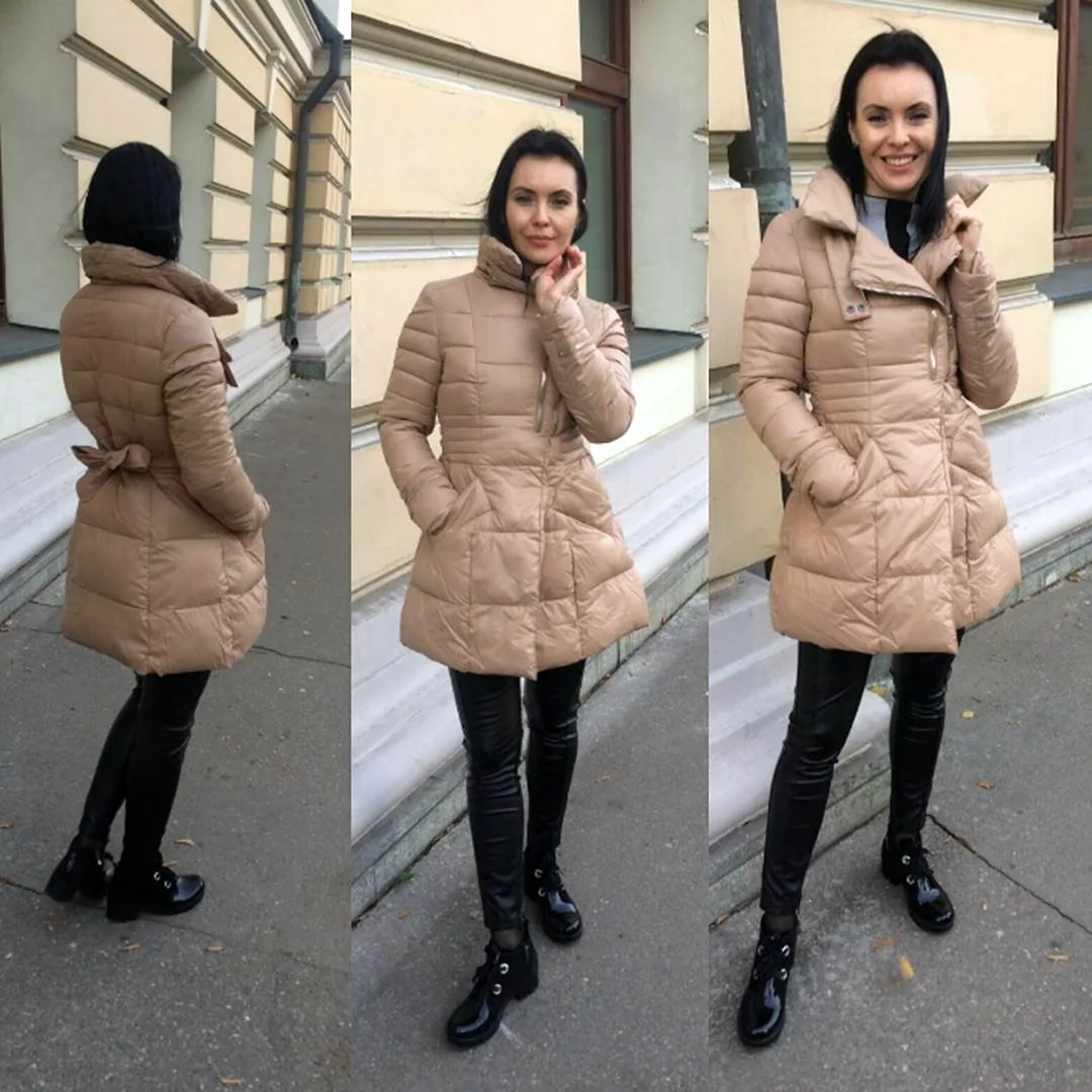 Бежевые сапоги с черным пуховиком