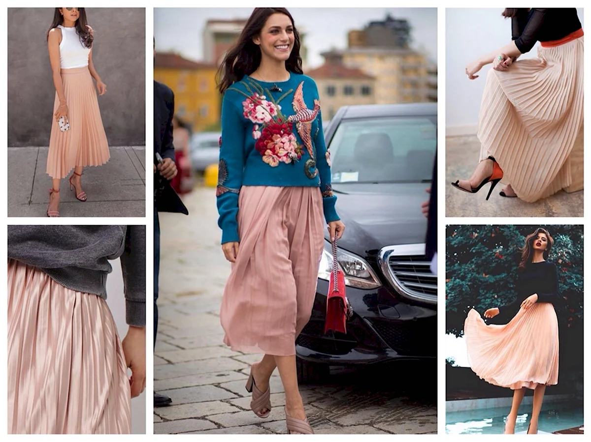 Сочетание с бежевой юбкой плиссе