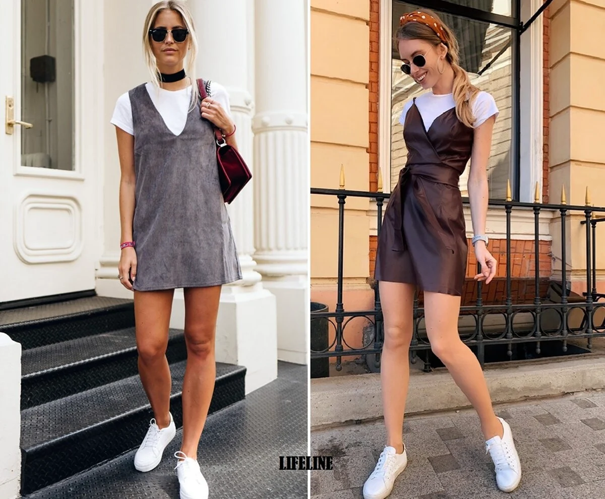 Кожаный сарафан с футболкой