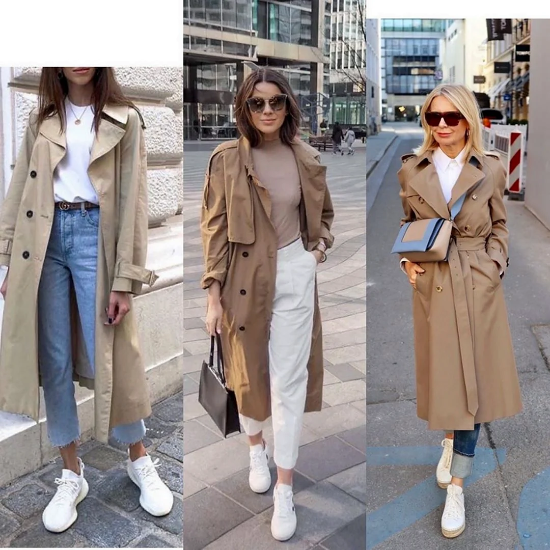 Бежевый тренч и кроссовки