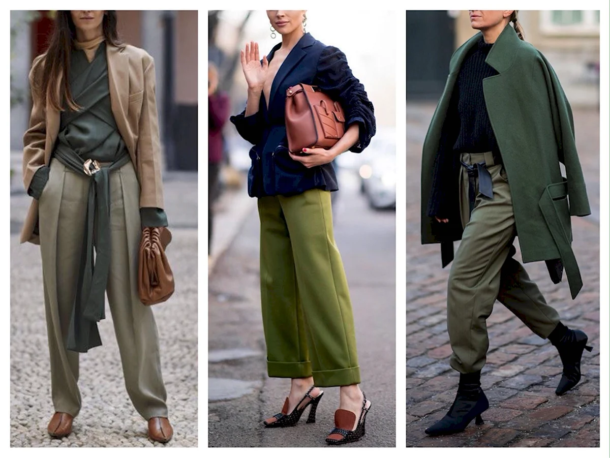 Актуальные широкие брюки оливкового цвета