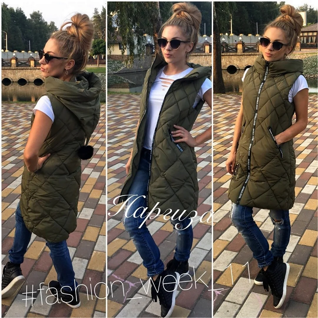 Жилет на синтепоне женский удлиненный хаки