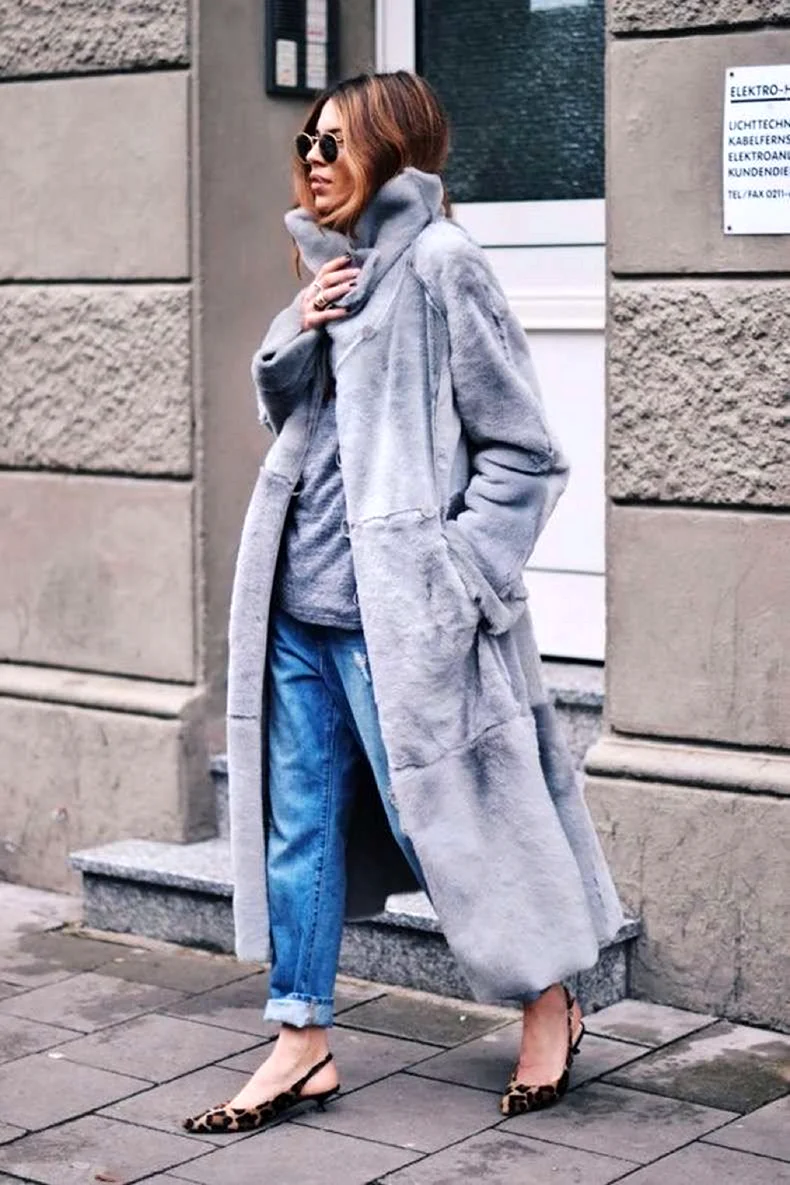 Голубая норковая шуба Street Style