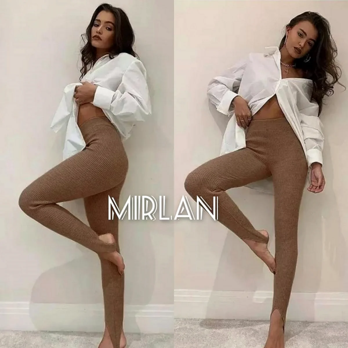 Легинсы в рубчик бежевые