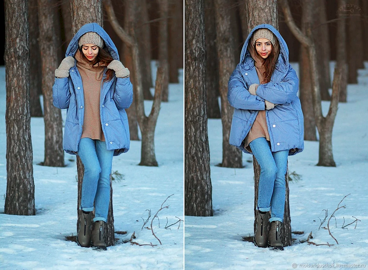 Голубой пуховик зимой