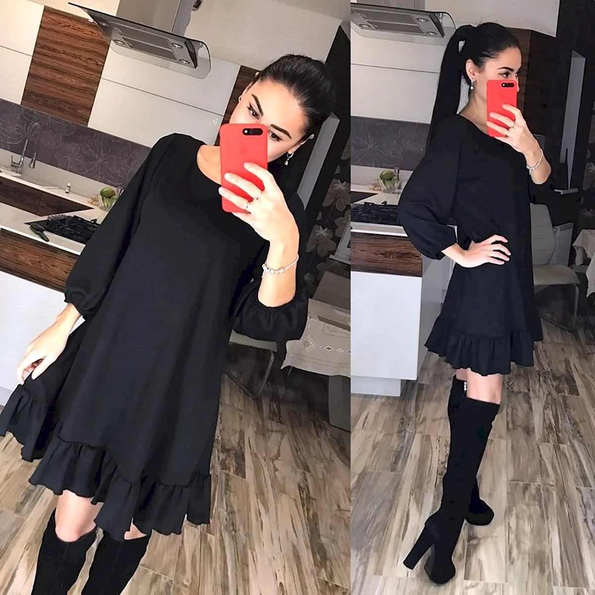 Черное платье с воланом внизу