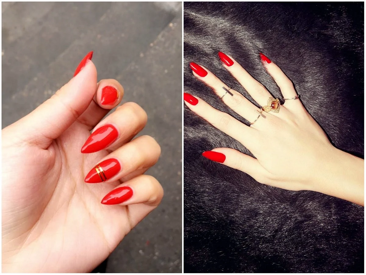 Красный маникюр с полоской на длинные ногти