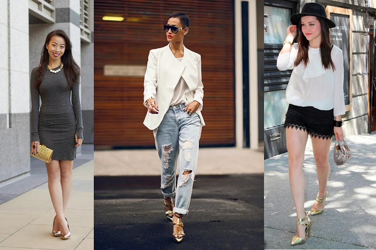 Образ с золотистыми туфлями