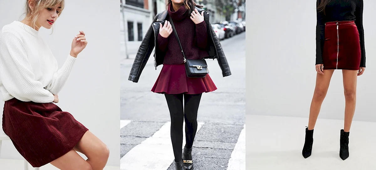 Бордовая юбка с чем носить карандаш черные колготки