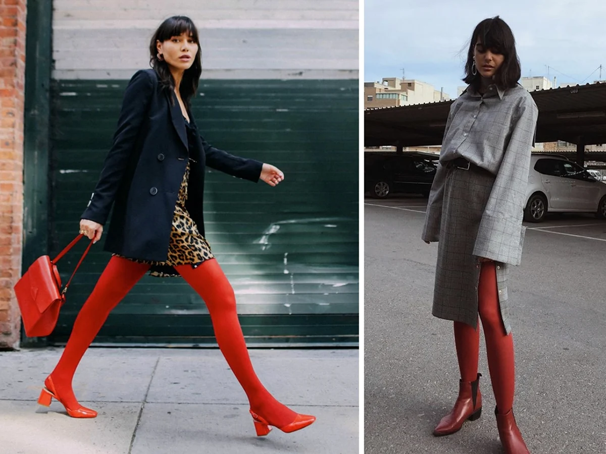 Цветная обувь с черными колготками