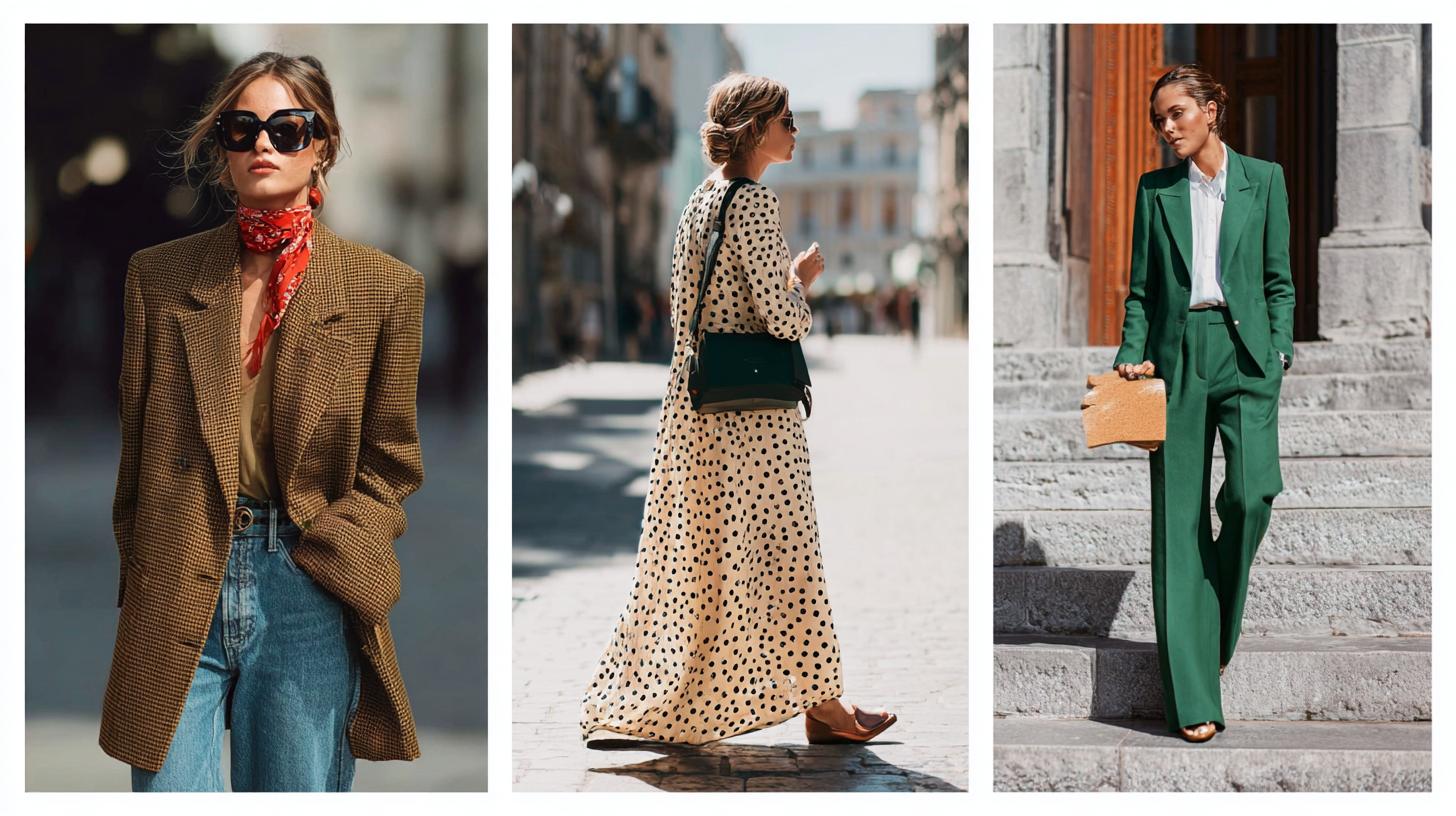 A high-quality fashion collage of three vertical street style photos. Left: A woman in a brown oversized wool blazer, red neck scarf, wide-leg blue jeans, and black slingback shoes, walking on a city sidewalk. Center: A woman from behind, wearing a cream crochet maxi dress with large black polka dots, a black leather shoulder bag, and brown mules, sunlit street background. Right: Victoria Beckham-inspired look, a woman in a sharp emerald green power suit with wide-leg trousers and a white silk blouse, holding a tan clutch, stepping down stone stairs. Professional editorial photography, soft natural lighting, realistic textures, 8k resolution Який жіночий одяг у тренді у 2026 році