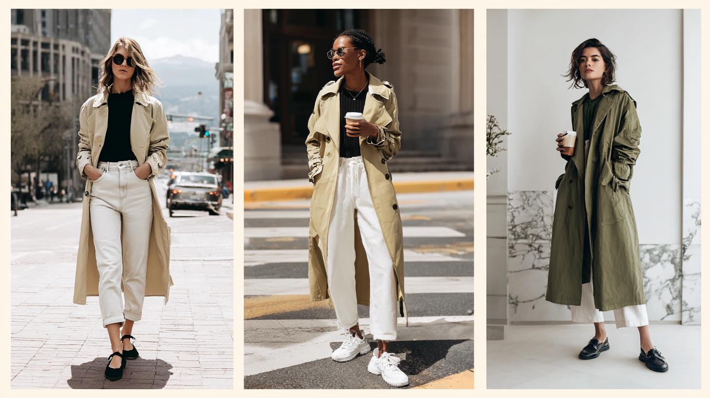 A collage of three high-fashion street style photos of a young woman wearing different stylish trench coats. Left: light beige trench coat, black top, white slim-fit trousers, and two-tone ballet flats on a city street. Center: cream-colored long coat, white wide-leg pants, white chunky sneakers, holding a coffee cup at a pedestrian crossing. Right: olive green oversized trench coat with a high collar, white straight pants, black Mary Jane shoes, indoor minimalist setting. High quality, realistic photography, soft natural lighting, editorial fashion look. A collage of three high-fashion street style photos of a young woman wearing different stylish trench coats. Left: light beige trench coat, black top, white slim-fit trousers, and two-tone ballet flats on a city street. Center: cream-colored long coat, white wide-leg pants, white chunky sneakers, holding a coffee cup at a pedestrian crossing. Right: olive green oversized trench coat with a high collar, white straight pants, black Mary Jane shoes, indoor minimalist setting. High quality, realistic photography, soft natural lighting, editorial fashion look.