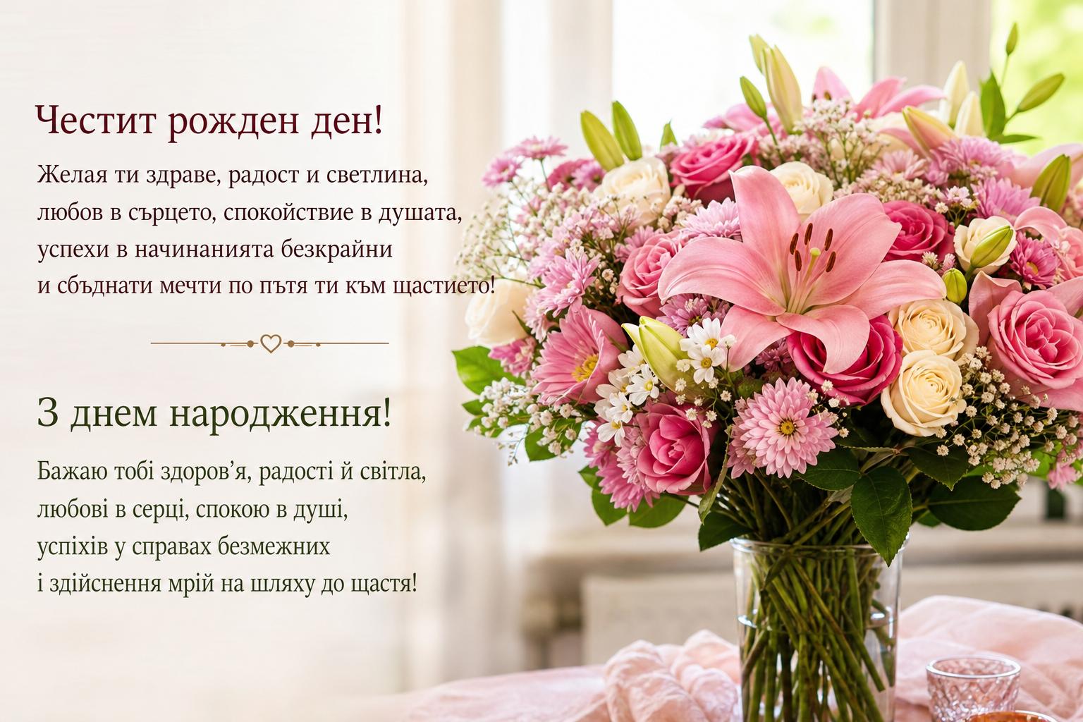 Привітання з днем народження болгарською мовою з перекладом українською. Привітання у віршах Привітання з днем народження болгарською мовою з перекладом українською. Привітання у віршах